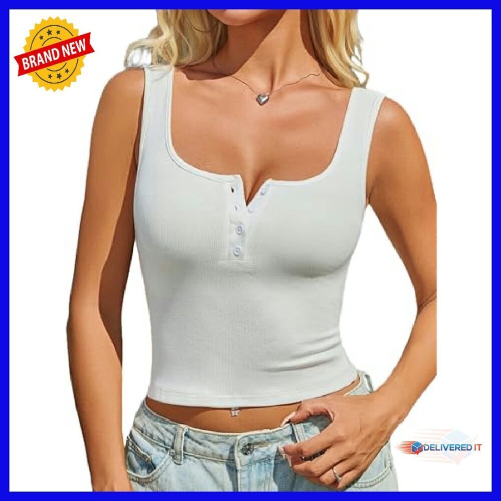 Ribbed Crop Tank Top Square Neck Button Front Slimming Summer Top - Picture 2 of 8